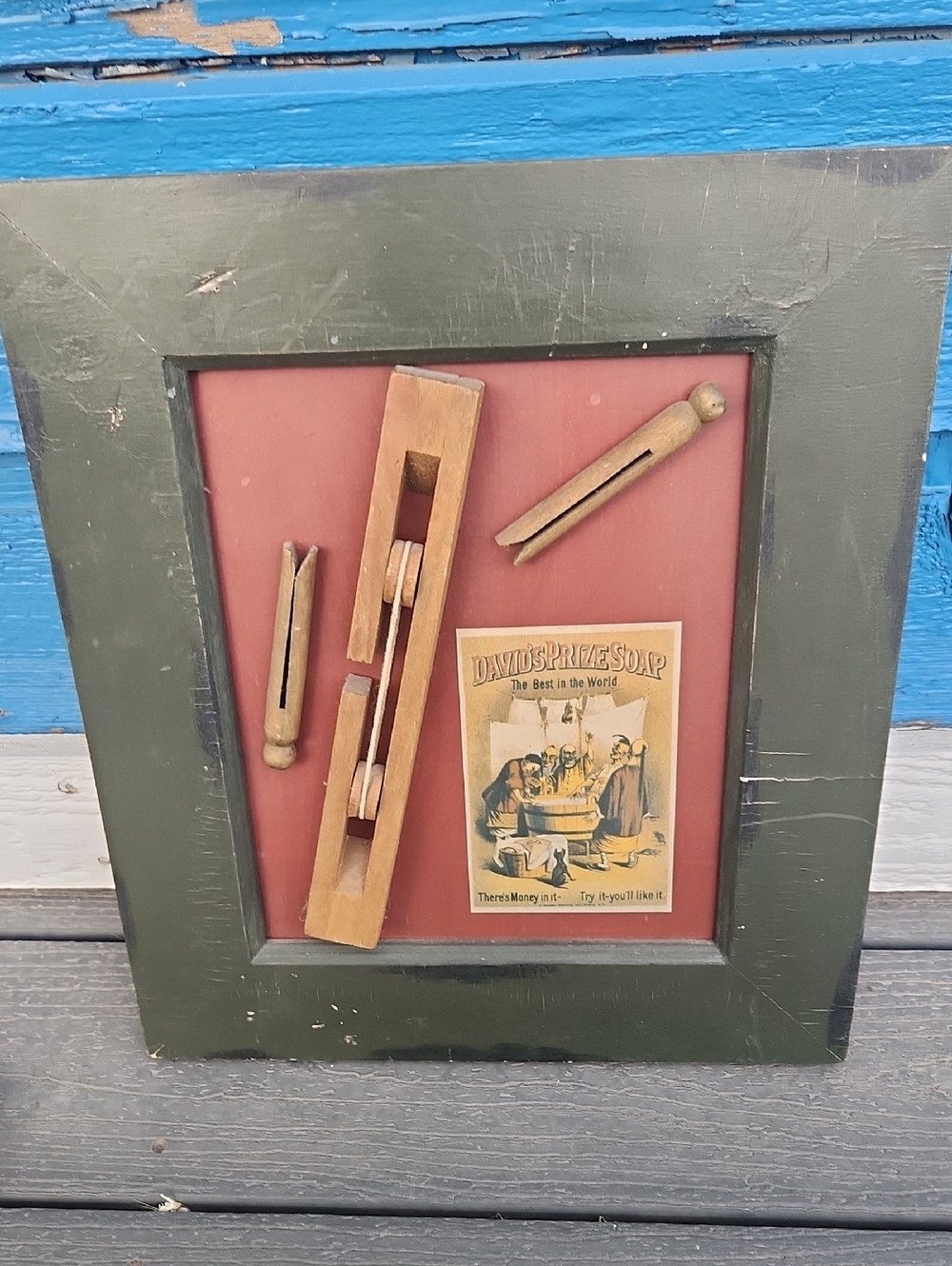 Framed Vintage Wooden Clothespins Wall Art - Green Frame, Red Backing